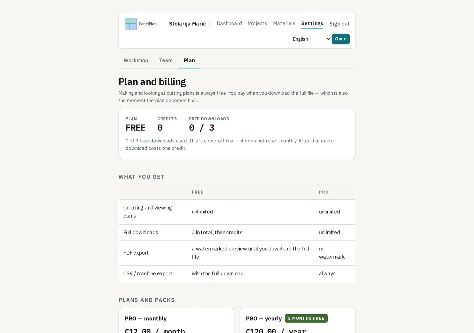 Billing: free downloads left, credits, and the PRO subscription.