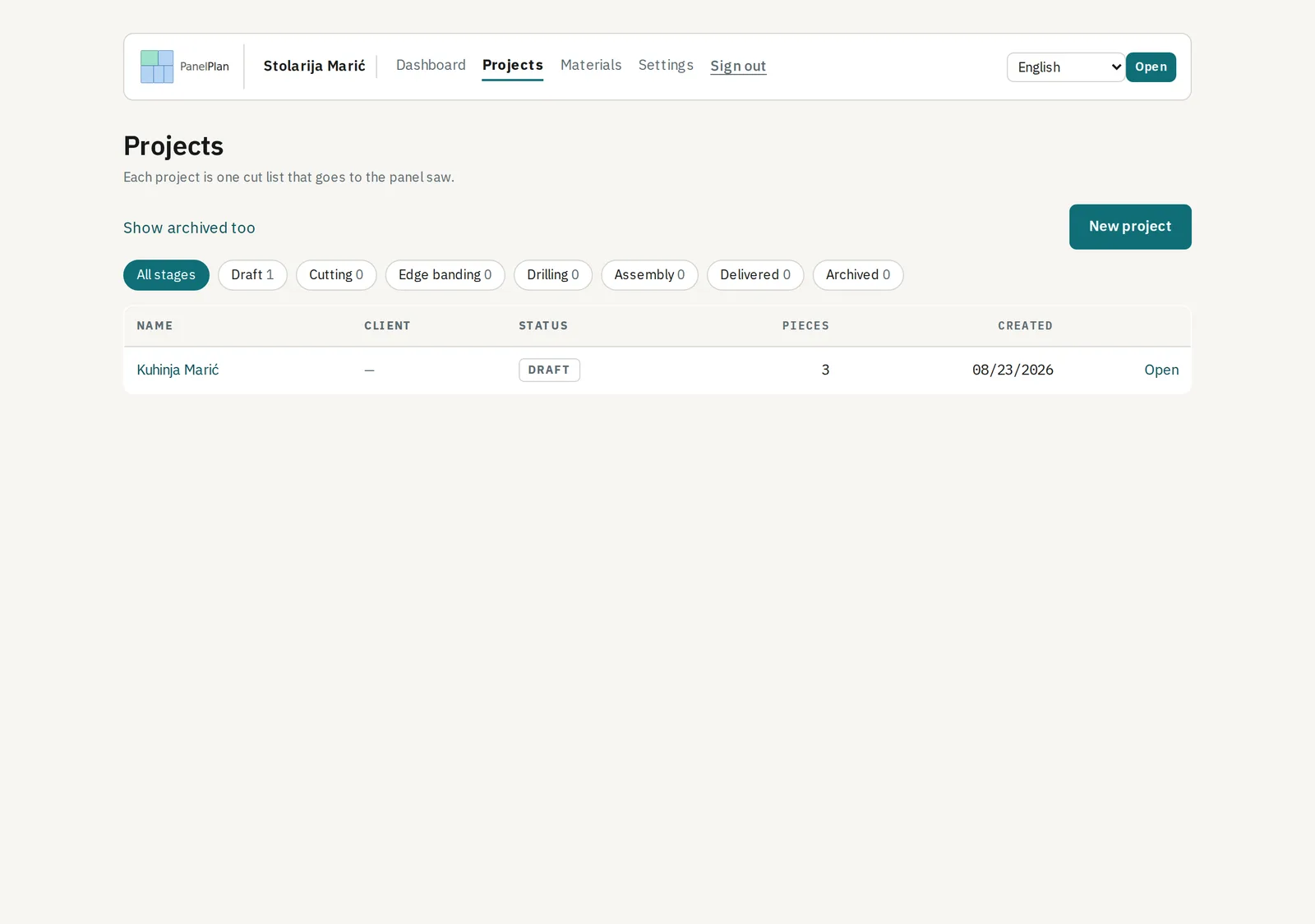The project list, each with the phase it has reached.