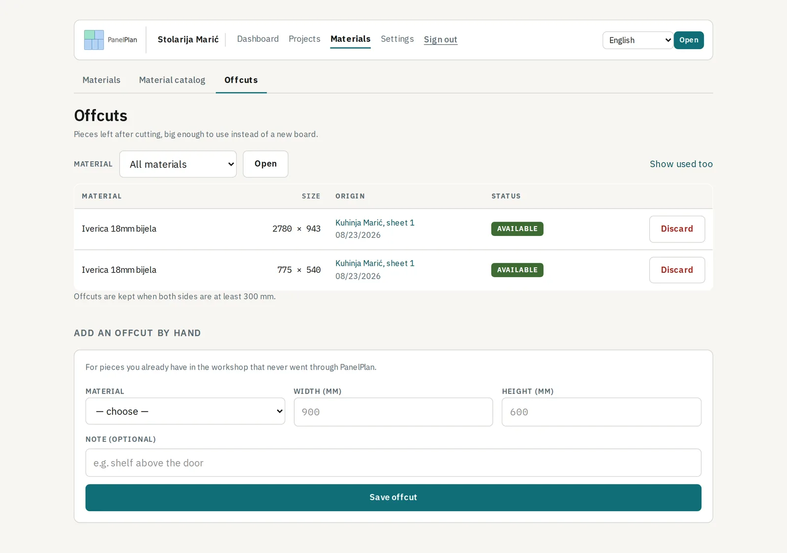 The offcut rack, filled automatically from downloaded plans.